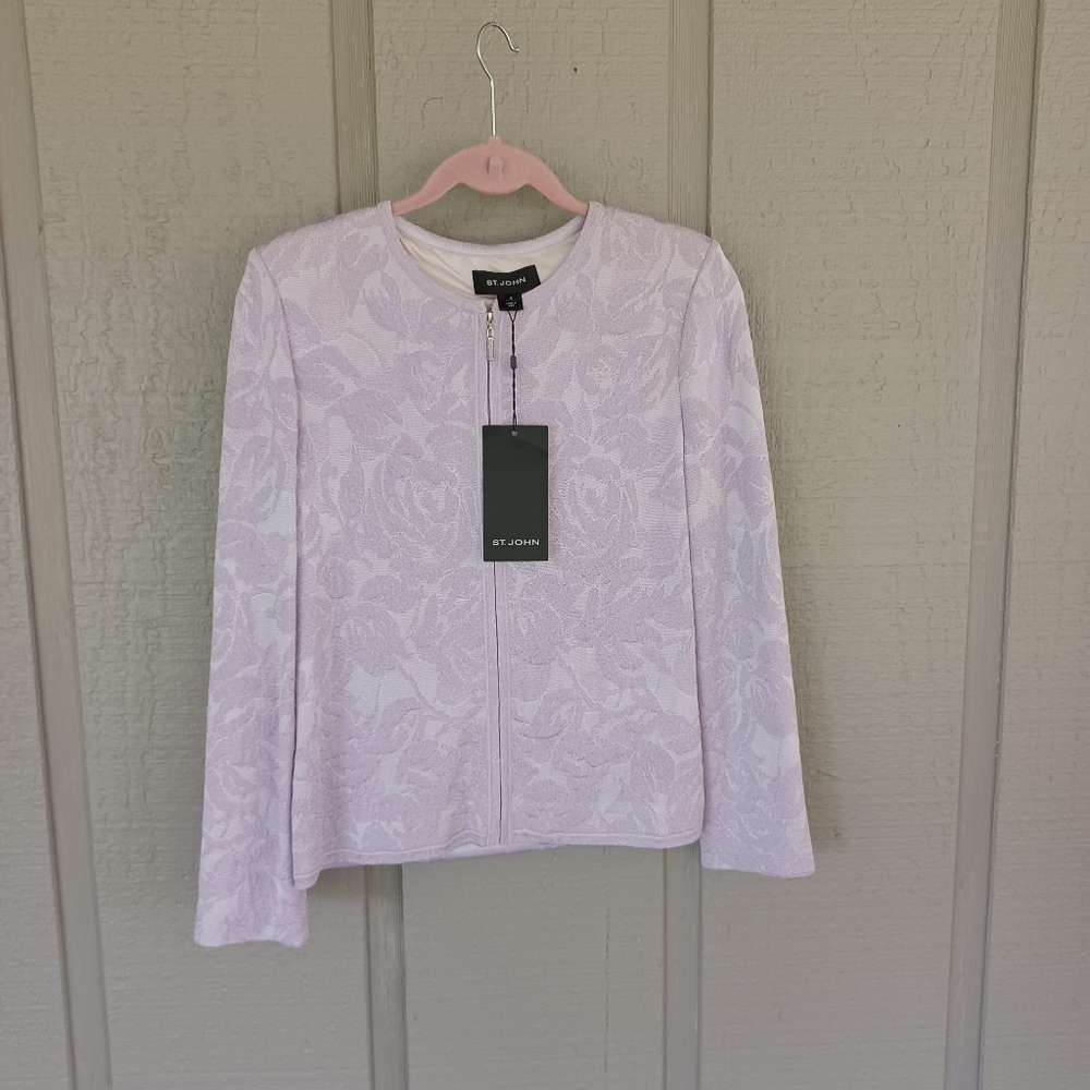 St John Jacquard Knit Floral Jacket Size 6 Full Zip Long Sleeve In Orchid Silver
